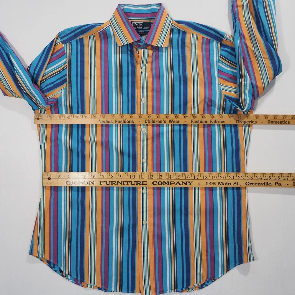 Polo Ralph Lauren Men Large Regent Blue Stripe Long Sleeve Vintage 90s Button Up